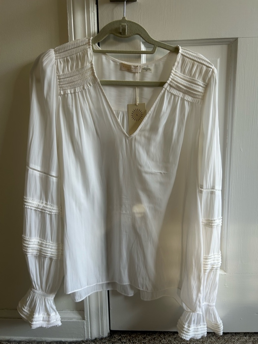 Ramy Brook White V-Neck Pintuck Ruffle Blouse
